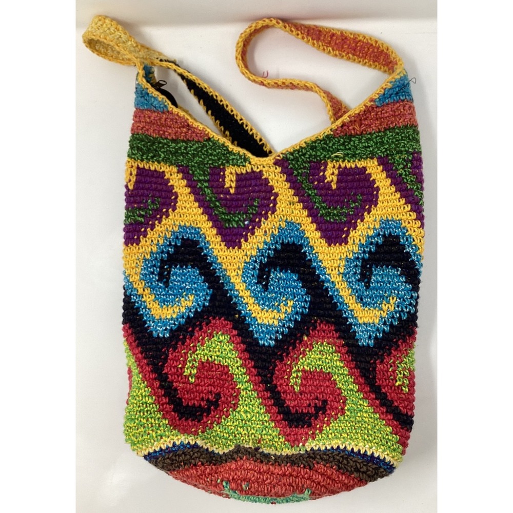 Handmade Crochet Crossbody Bag Boho Multi Color Geometric Spiral Knit Bucket Bag